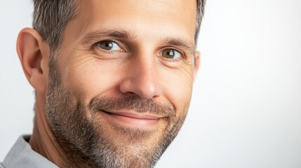 Obraz premium Close-up of a smiling man face with short brown hair and a trimmed beard, looking confidently at the camera, isolated on white
