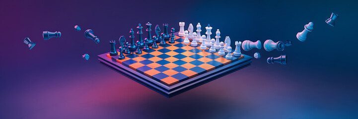 Black and white chess pieces floating above a board with neon blue and pink lighting  abstract strategy and competition concept   