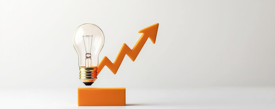 Light bulb with grow up arrow rise in price of electricity Isolated on black background