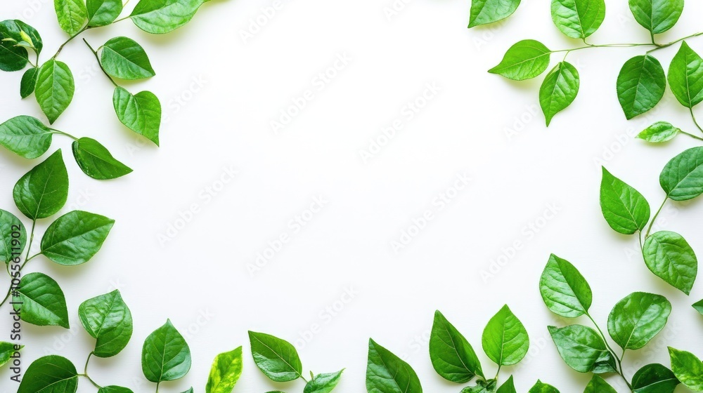 Poster fresh green leaves isolated on a white background with a side border design