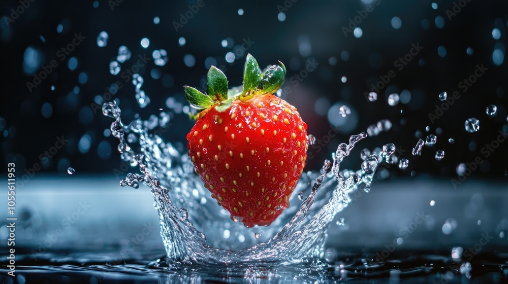 Aufkleber falling strawberry creating a splash in water