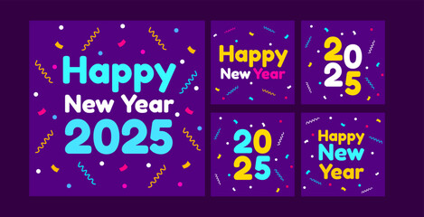 Happy New Year 2025 social media post design in purple for greetings.