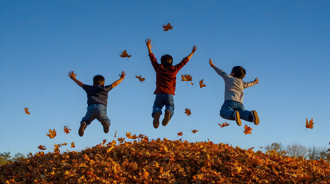 Three children joyfully jumping into a pile of autumn leaves under a clear blue sky   -
