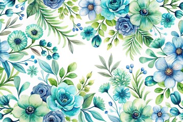 A whimsical floral pattern featuring hand-painted watercolor flowers in shades of blue and green on a white background, unique design, watercolor flowers