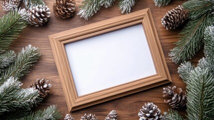 Empty wooden picture frame mockup on a festive Christmas background ideal for winter holiday celebrations with space for text
