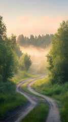 Obraz premium Tranquil rural summer landscape with green trees and a dirt road at sunrise -