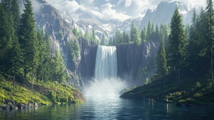 Fototapeta premium Majestic wide cascading waterfall in a forest with water flowing down a mountainside river reflecting themes of climate change 3D illustration