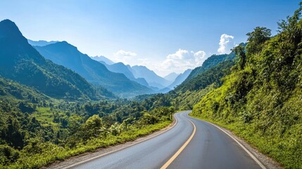 Lush green mountains rise alongside a deserted asphalt road beneath a clear blue sky