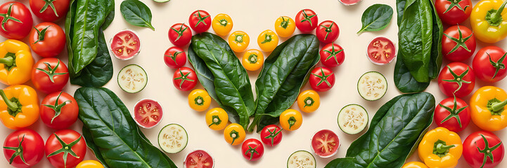 Vibrant red tomatoes  yellow peppers and green spinach leaves create a heart shape  a healthy and delicious concept for a fresh food advertisement   