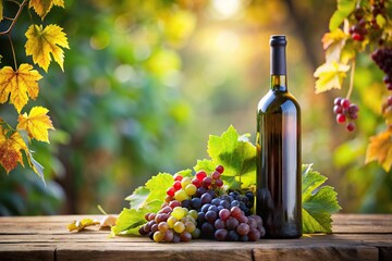 Fototapeta premium A wine bottle with a bouquet of grapes and leaves surrounding it in a garden setting, vineyard scene, grapes, leaves, beverage