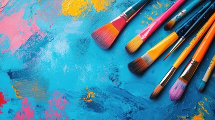 Fototapeta premium Colorful painting supplies including brushes and stationery set against a drawing background Ideal for creative education themes and artistic projects Top view with ample copy space