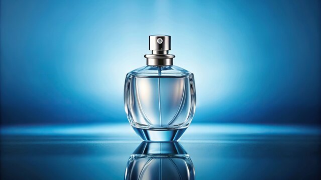 Glass perfume bottle on blue background