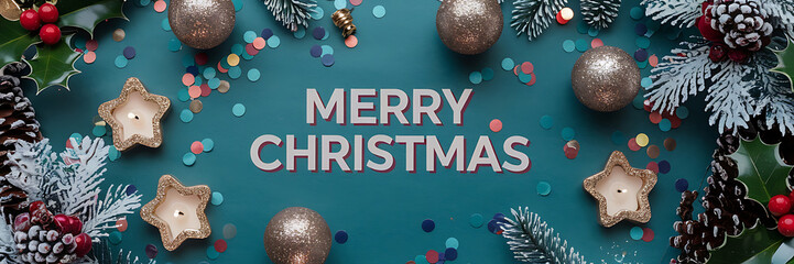 Festive Christmas decorations gold and teal on a blue background  sparkling holiday cheer   