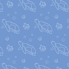 Seamless pattern of sea turtle, coral, bubble and shell on a blue background in line art style. Perfect for ocean themed decor, textile, wallpaper and packaging.