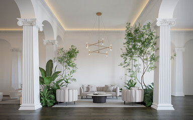 White columns  green plants  and a modern sofa in a luxurious interior design   