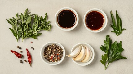 A collection of fresh herbs, spices, and sauces arranged for culinary preparation.
