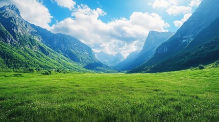 Fototapeta premium Majestic mountain landscape featuring a vast meadow and blue sky surrounded by lush green grass and a stunning mountain range Perfect for travel and outdoor themes