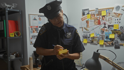 A female police officer writes notes while investigating a case in a cluttered evidence room.