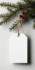 Blank Christmas Tag: A minimalist Christmas tag mockup with blank space for your text or design, hanging on a pine branch with red berries. Perfect for showcasing your Christmas wishes, greetings.