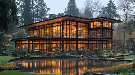 Fototapeta premium Elegant two-storey black steel house with spacious relaxation balcony glass walls and minimalist design