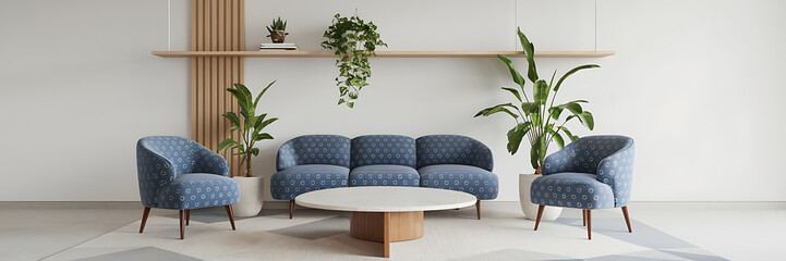 Blue and white patterned furniture in a modern living room with plants  Minimalist interior design 