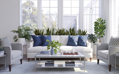White sofa blue pillows green plants modern living room interior design home decor   