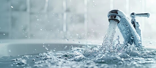 Close up of a broken faucet wasting water signifying home maintenance issues and a vital message about water scarcity with copy space for clarity