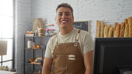 Young man smiling behind the counter of a bakery shop with shelves of fresh bread and pastries in the background