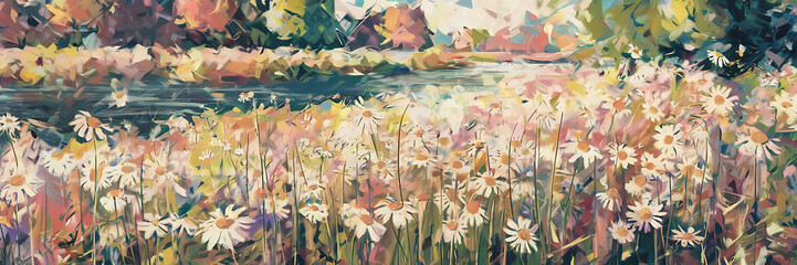 White daisies and green foliage in a field with a river in the background  painted in a vibrant  impressionistic style  showcasing the beauty and tranquility of nature   
