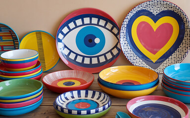 Colorful ceramic plates and bowls with blue and red accents  perfect for a modern kitchen or dining table   