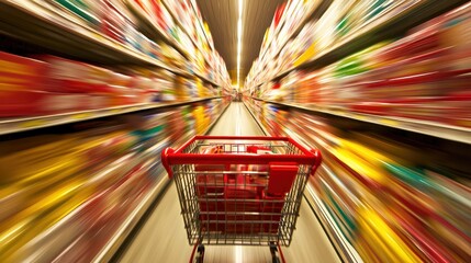 Shopping cart in motion through a supermarket aisle, capturing the rush and excitement of Black Friday.