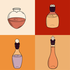 Bouteilles de potions, dessin à la main, vintage, vecteur, witchy