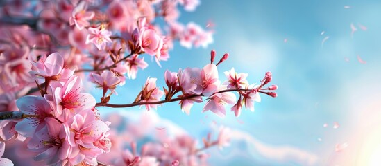 Close up of a cherry blossom branch against a blue sky with ample copy space image