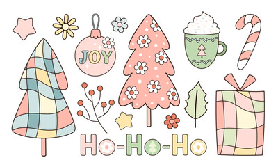 Retro Groovy Christmas clipart set. Cute festive objects. Hand drawn vector illustration in flat style.