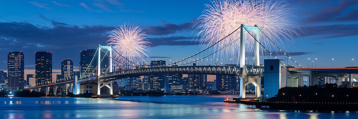 Night cityscape with fireworks over bridge  white and pink fireworks  urban celebration   
