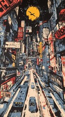 Fototapeta premium A vibrant and stylized cityscape with neon signs and a futuristic aesthetic.