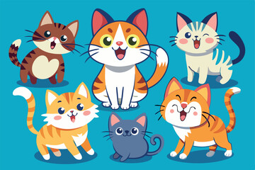 Fototapeta premium Cute funny cats in different comic fun poses. Adorable feline animals, clumsy amusing kitties sleeping, lying, playing in hilarious positions. Flat vector illustration isolated on white background 