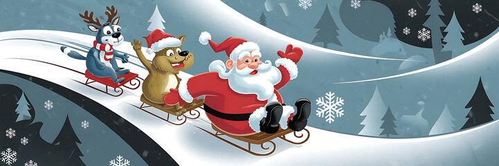 Santa Claus and two animal friends sledding down a snowy hill  red and blue  winter holiday fun   