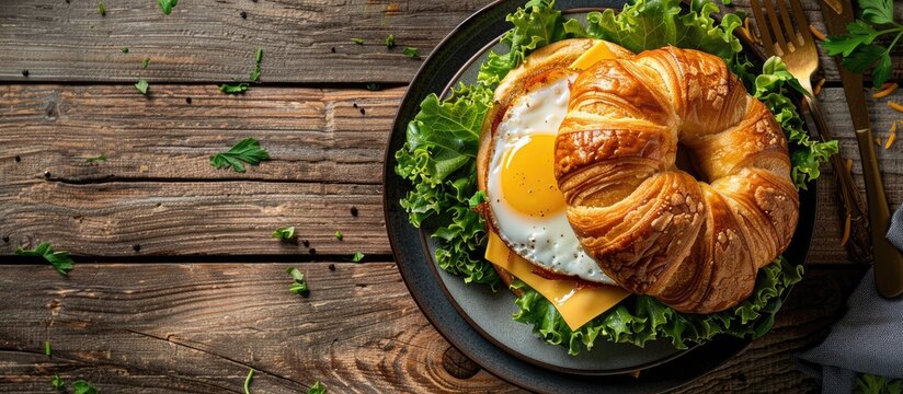 Top view of a wholesome breakfast featuring a croissant sandwich filled with egg cheese and fresh lettuce on a wooden background with space for additional images
