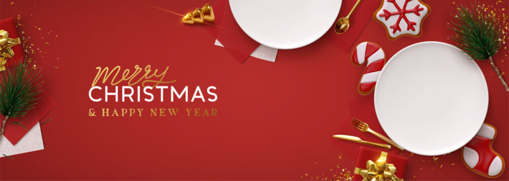 Christmas plate setting with golden cutlery on red background. New Year Festive design with holiday xmas decorative. Table place setting background with realistic 3d objects. Vector illustration