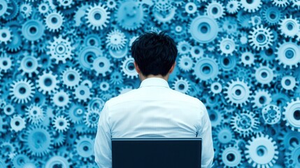 Businessman contemplating in front of blue gears, symbolizing innovation and problem-solving.