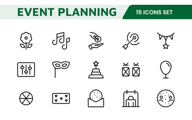 Event Planning Icon Set. Stylish and functional icons for organizers, perfect for scheduling, venue management, and event promotion, ideal for apps, websites, and marketing materials.