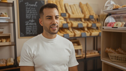 Young hispanic man inside a bakery surrounded by shelves of bread and pastries displayed in the background