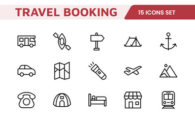 Travel Booking Icon Set. Stylish and user-friendly icons for enhancing travel apps, websites, and services, perfect for streamlining flight searches, hotel bookings, and adventure planning.