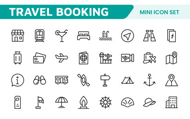 Travel Booking Icon Set. Stylish and user-friendly icons for enhancing travel apps, websites, and services, perfect for streamlining flight searches, hotel bookings, and adventure planning.