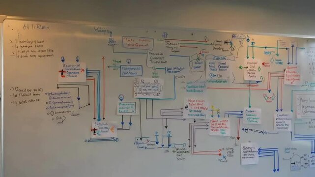 Whiteboard with Hand Drawn Flowchart and Sticky Notes
