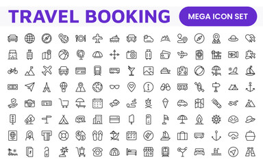 Travel Booking Icon Set. Stylish and user-friendly icons for enhancing travel apps, websites, and services, perfect for streamlining flight searches, hotel bookings, and adventure planning.