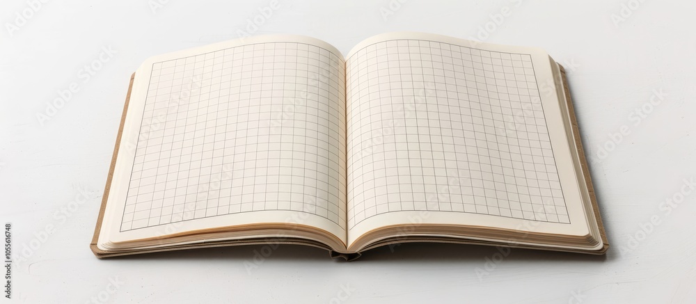 Poster an open notebook with a grid pattern on its pages rests on a white surface offering empty pages for 