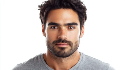 Obraz premium Man with dark hair, trimmed beard, and focused gaze, giving a confident and professional impression, isolated on white