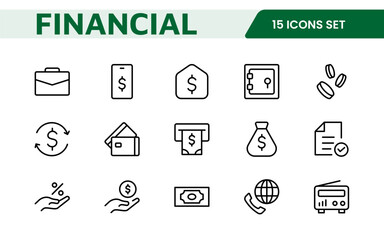 Personal Finance Icon Set. Sleek and intuitive icons for budgeting; saving; and investing; perfect for financial apps; tools; and websites to empower users in managing their money effectively.